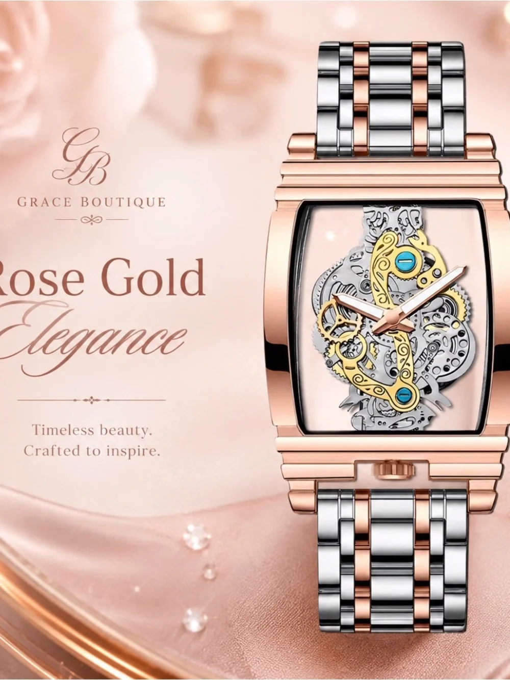 Grace Boutique Two-Tone Rose Gold & Silver Skeleton Watch